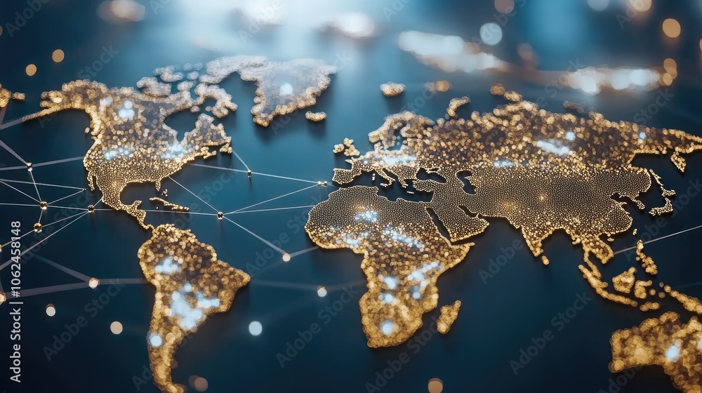 Poster the design showcases an abstract representation of a world map on a blue backdrop, emphasizing globa