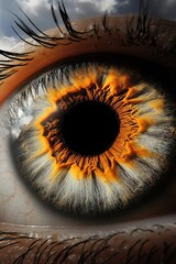 A close up of an eye with a cloudy sky in the background