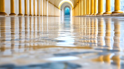 A long hallway with columns and a blue door