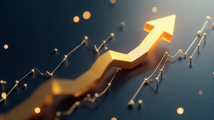 Golden arrow indicating growth amidst urban skyline with dynamic charts and vibrant colors