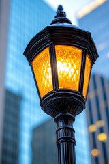 A street light in front of a tall building