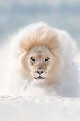 A white lion is standing in the snow