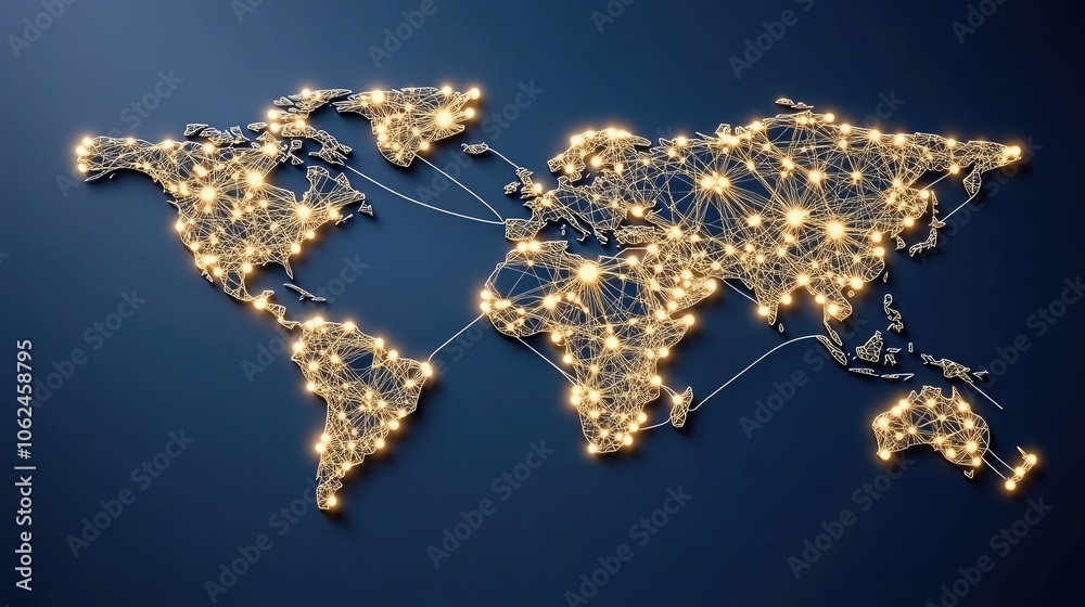 Poster the design showcases an abstract representation of a world map on a blue backdrop, emphasizing globa
