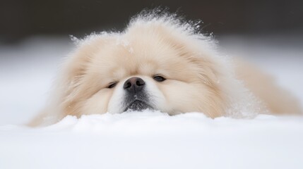 A fluffy white dog laying in the snow