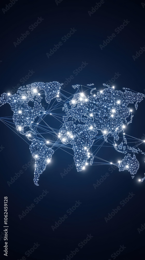 Poster the design showcases an abstract representation of a world map on a blue backdrop, emphasizing globa