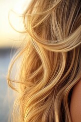 Naklejka premium A woman with long blonde hair is looking out at the ocean