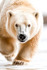 Fototapeta premium A large white polar bear walking across a snow covered ground