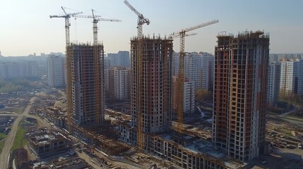  Construction of a new residential complex. Many high-rise cranes and industrial construction equipment against the backdrop of a construction buildings