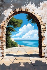 Obraz premium A painting of an archway with a view of the ocean