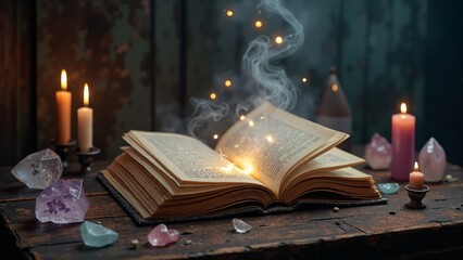 Enchanted book reveals secrets under the glow of candles in a mystical setting