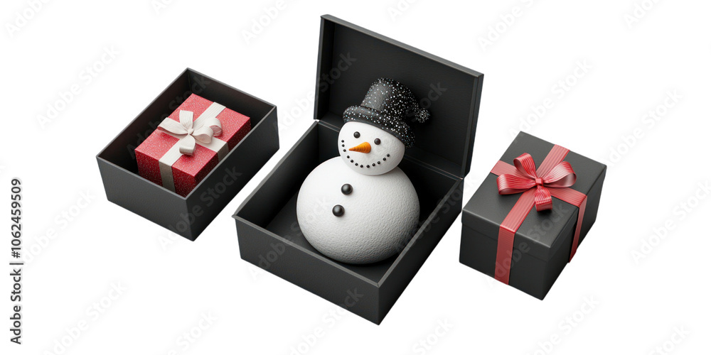 Wall mural set of black box with include snowman isolated on transparent background, png elements collection.
