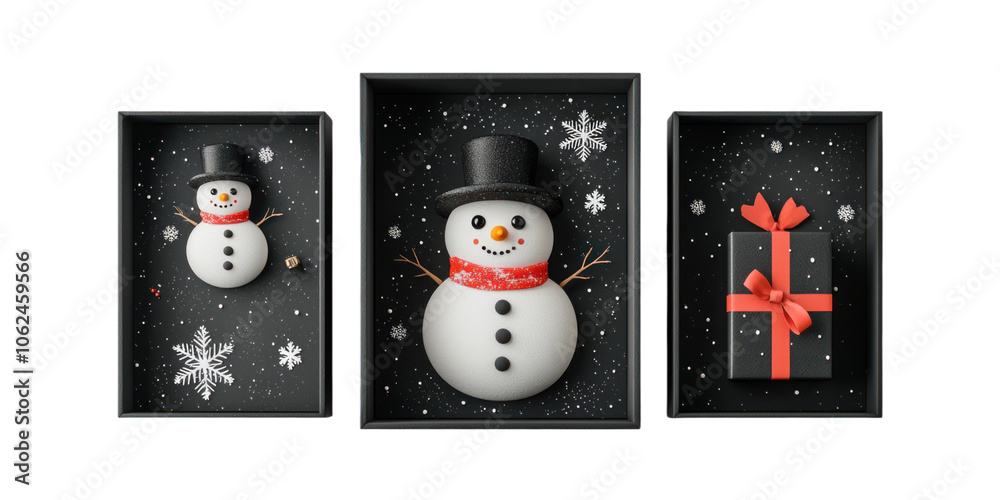 Wall mural set of black box with include snowman isolated on transparent background, png elements collection.