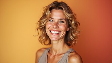 Joyful woman smiling brightly against a vibrant orange backdrop on a sunny day