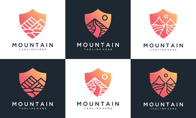 Collection of mountain logo icon illustration designs with shield. Abstract outdoor mountain logo symbol.	
