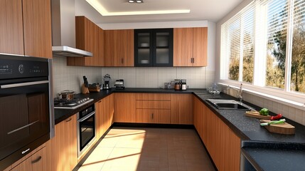 Fototapeta premium Modern and small kitchen with wooden cupboard and countertop and black furniture, oven, sink and fridge