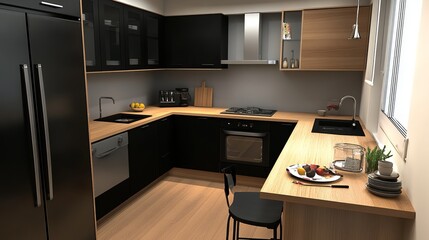  Modern and small kitchen with wooden cupboard and countertop and black furniture, oven, sink and fridge