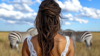 A woman standing in a field with zebras in the background