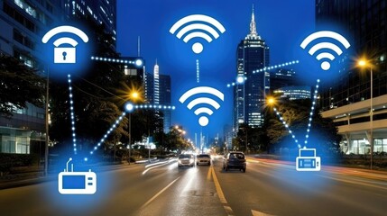 An illustration displays digital connections layered over a cityscape backdrop, emphasizing smart network technology under an evening sky