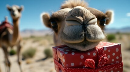 Naklejka premium A camel with a red and white polka dot gift box