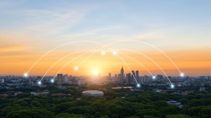 An illustration displays digital connections layered over a cityscape backdrop, emphasizing smart network technology under an evening sky