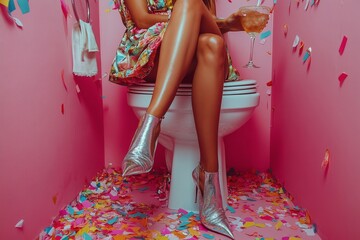 A playful celebration in a vibrant pink bathroom featuring a stylishly dressed woman