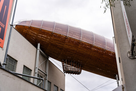 Exterior of Gulliver Airship, monumental architectural on the terrace of DOX Centre for contemporary art, Hole&scaron;ovice neighborhood, Prague, Czechia