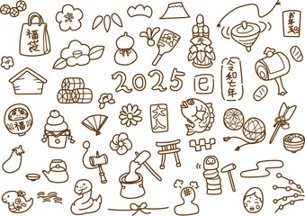 手描き正月イラスト素材　線画　2025