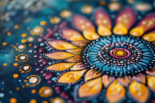 A detailed shot of a mandala painted in vivid colors.
