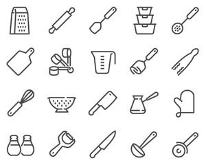 Simple Set of Kitchen Utilities Related Vector Line Icons. Contains such Icons as Stainer, Measuring Cup, Grater and more. Editable Stroke.