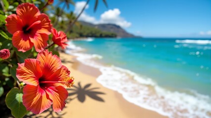 Vibrant hibiscus blooms beside a serene Hawaiian beach and majestic mountains under a bright sky
