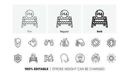 Covid-19 virus pandemic. Coronavirus line icons set. Medical protective mask, washing hands hygiene, eu shut borders. Stay home, safe distance, coronavirus epidemic mask icons. Vector