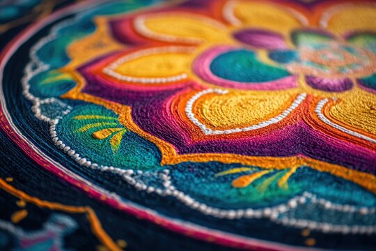 A detailed shot of a mandala painted in vivid colors.