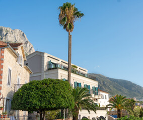 Charming Mediterranean Building with Palm Trees and Mountain Views on a Sunny Day