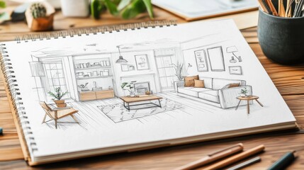 A hand-drawn sketch of a living room interior design on a notepad with pencils and plants.