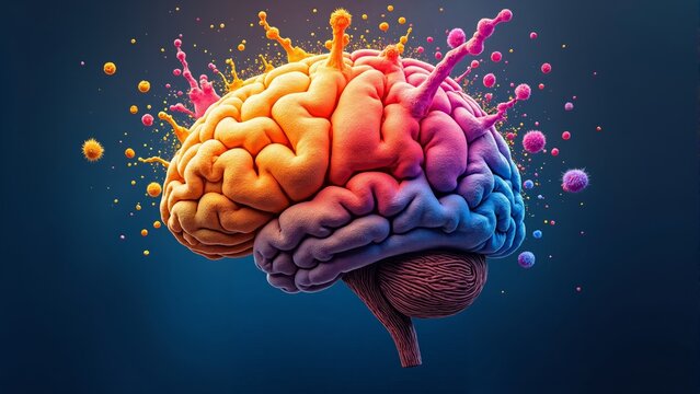 A vibrant artistic representation of a brain exploding with colorful ideas and creativity