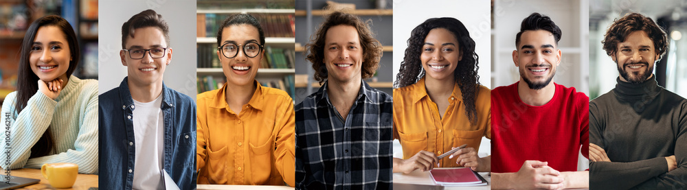 Poster a group of seven young adults with varying backgrounds is smiling and interacting. they are seated i