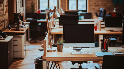 Warm, rustic office space featuring wooden desks, computers, and industrial lighting, creating an inviting and productive workspace atmosphere.
