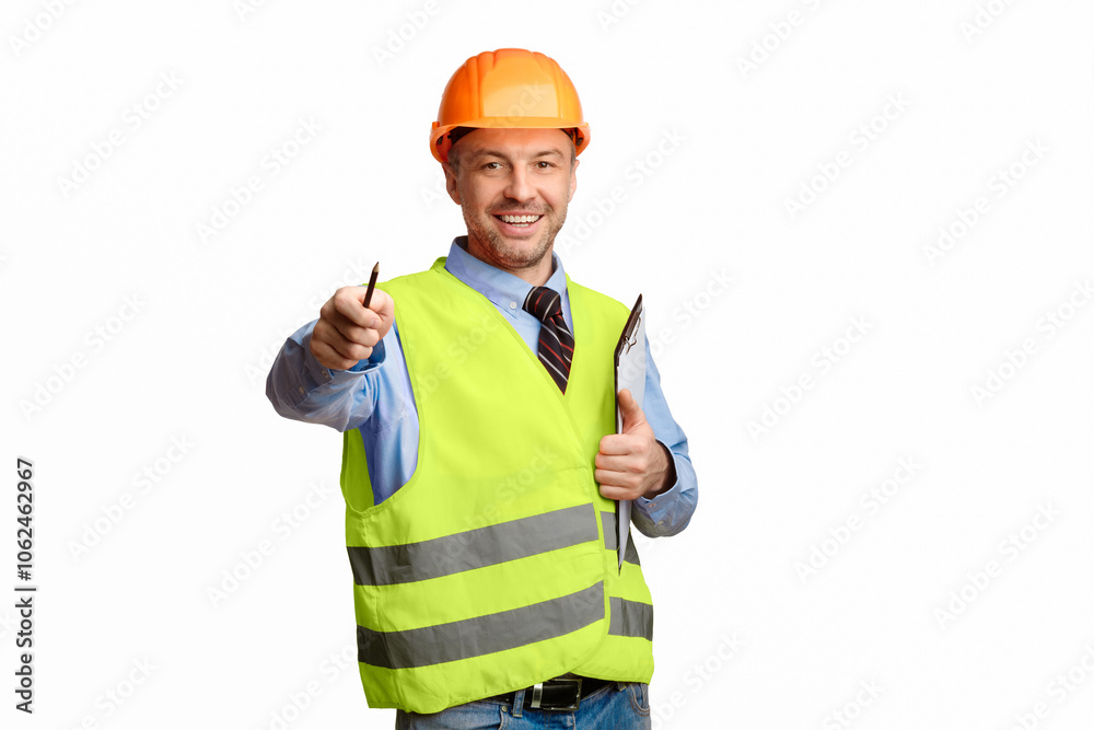 Poster happy builder pointing pencil at camera holding folder standing on white studio background. building