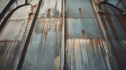 Obraz premium Close-up of a weathered steel surface with rust and peeling paint, showcasing blue and brown hues that depict a sense of age and industrial history.