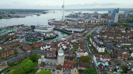 Aerial View of Historical Old Portsmouth Central City and Downtown of United Kingdom During Rainy and Cloudy Day. May 16th, 2024. High Angle Drone's Camera Was Captured from Medium High Altitude