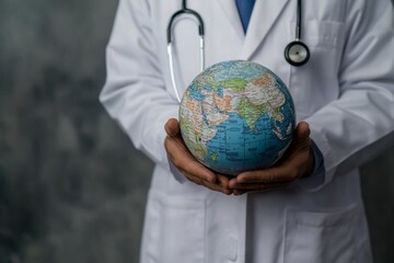 A doctor holding a globe or a globe in his hands with a stethoscope around his neck, facing the camera, shot from the neck to mid-waist with space for text. A global medical problem