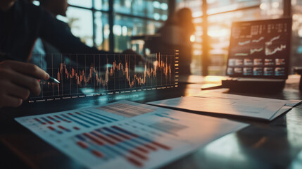 Business person evaluates metrics for charts and graphs with statistics to innovative analyze business potential and forecast future development of companies growth., setting goals for expansion.