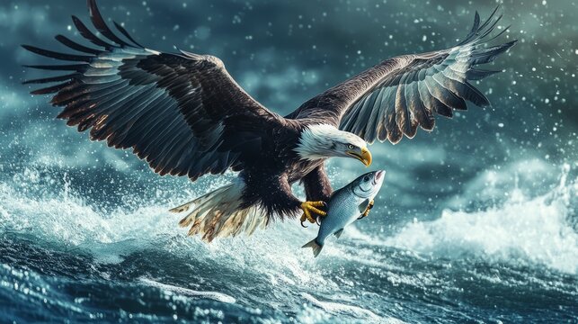 Eagle in flight catching a fish from the water with its sharp talons close up, wild eagle hunting for fish in the river in flight from a bisk with space for text or inscriptions
