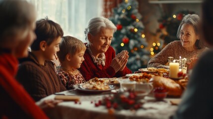 Christmas celebration in the family at the table with close-up elderly grandmother and grandchildren. A family sitting around the festive table prays before eating
