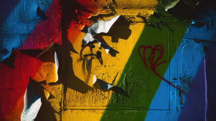 Colorful urban mural with vibrant paint and peeling layers, showcasing a blend of yellow, red, and blue with artistic symbols, creating a striking visual impact.