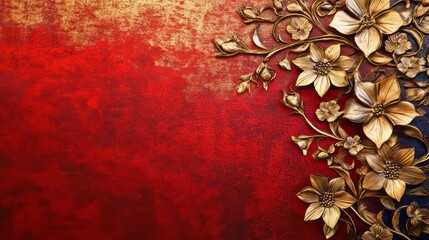 Indian red beautiful background with golden flower patterns, blank space for text or inscriptions