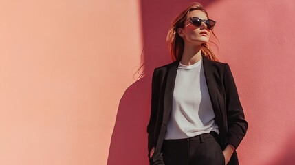 Elegant young fashion woman wearing black stylish suit posing on pink blank wall background in harsh fashion lighting with space for text or inscriptions
