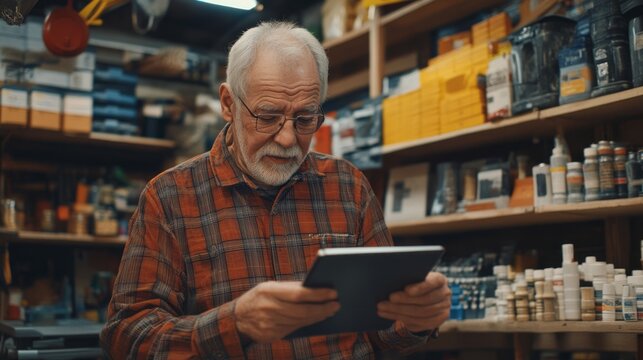 An elderly man as a salesman or owner of a small business, hardware store uses a tablet close-up
