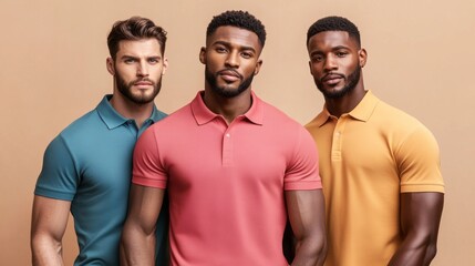 Three handsome athletic young men of different origins in colorful shirts isolated on light beige background with space for text or inscriptions close up
