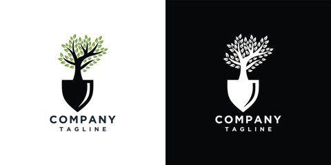 illustration of logo design of shovel tree. gardening logo concept shovel and nature tree
